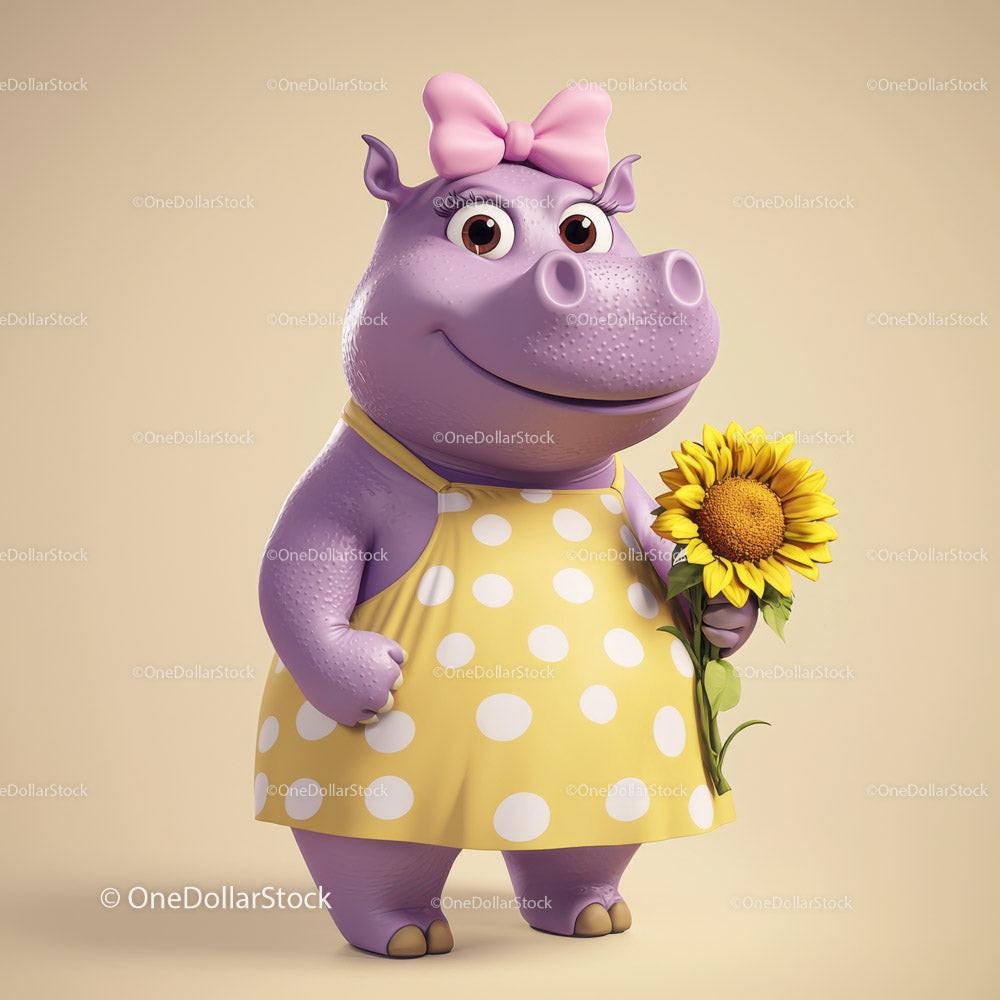 Cute Cartoon Hippo Holding Sunflower in Yellow Dress for Kids Illustration Stock Photo Bundle preview 30