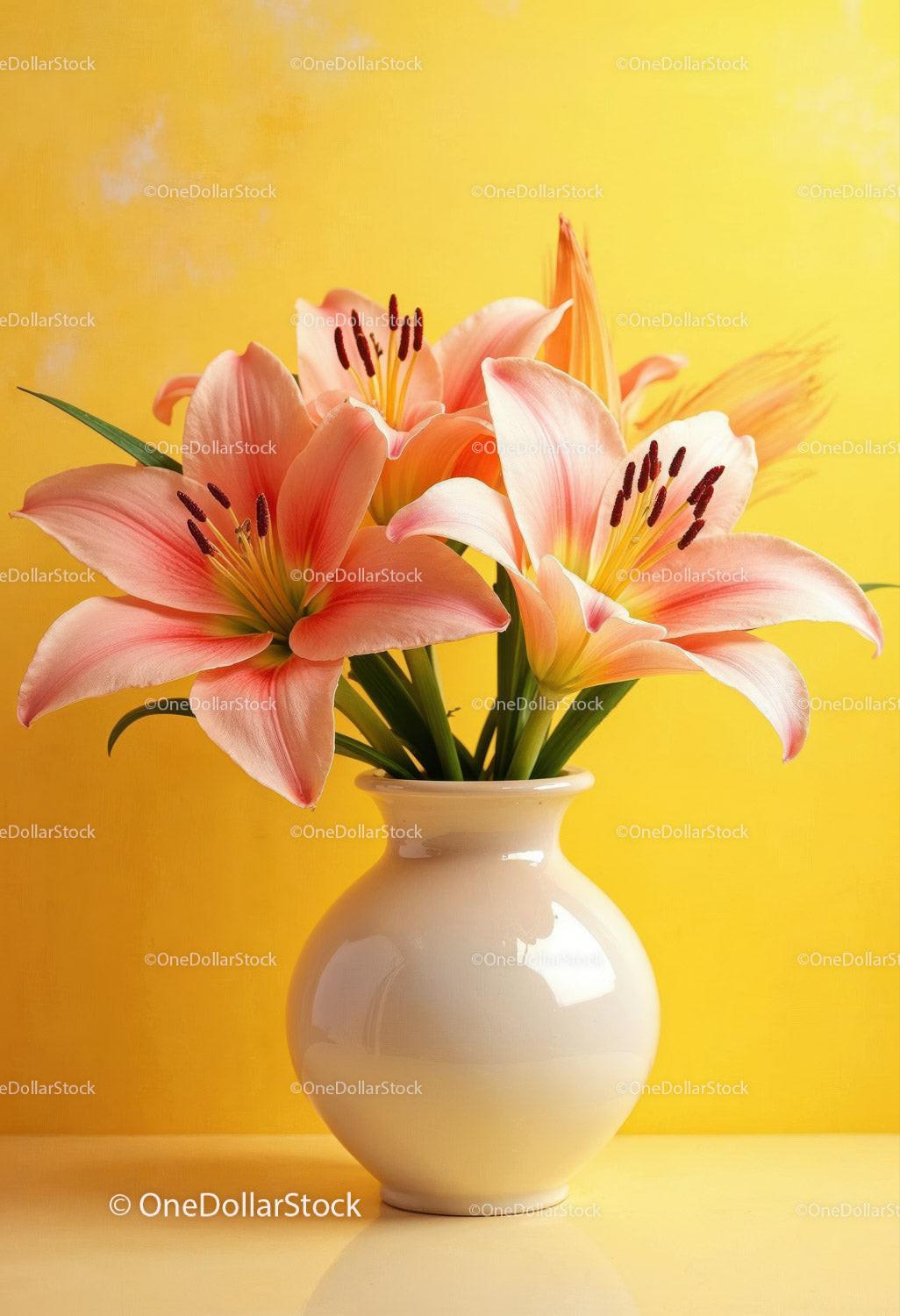 Beautiful Pink and Orange Lily Bouquet in White Vase on Yellow Background