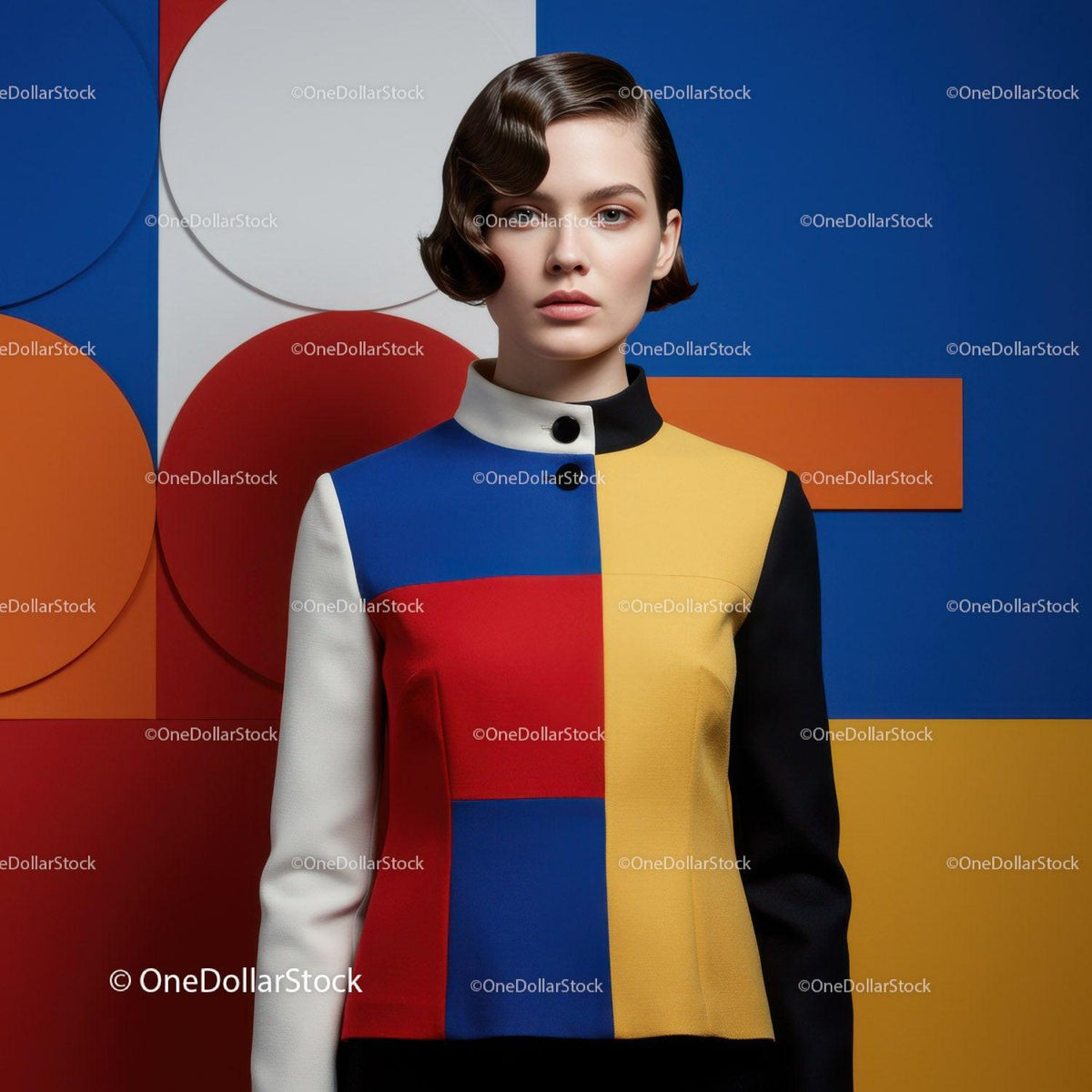 Model in Color-Blocked Retro Jacket Against Geometric Wall