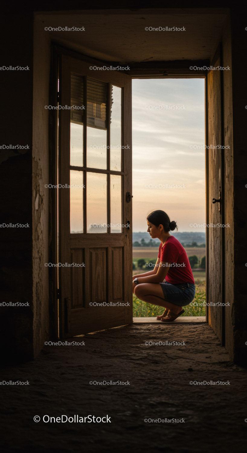 Young woman reflecting by open door at sunset