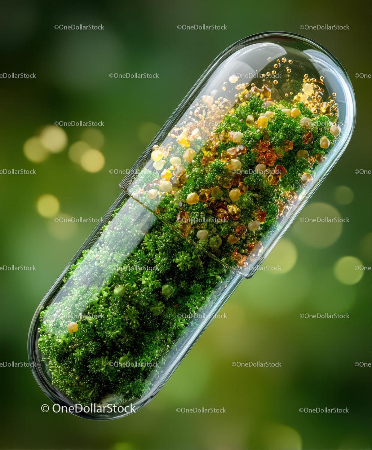Transparent capsule containing green moss and golden particles with blurred green background