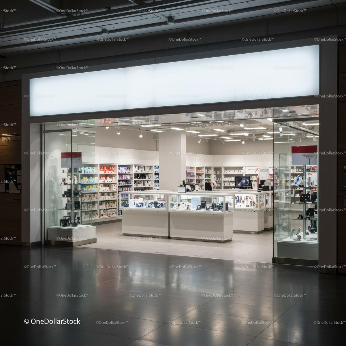 Modern electronics store with sleek glass display cases JPG Mockup Image preview