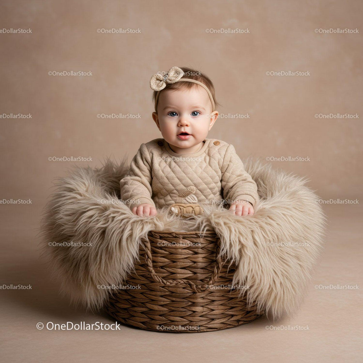 Adorable Baby Sitting in Cozy Basket with Fur Blanket