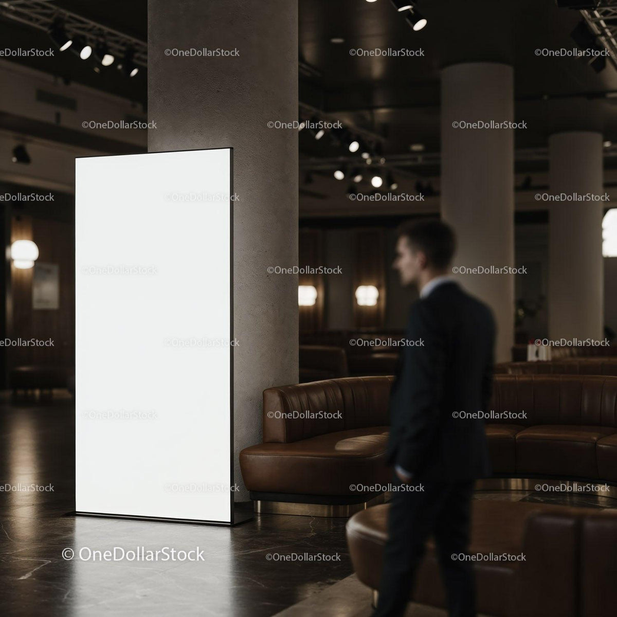 Businessman walking past empty digital advertising board indoors JPG Mockup Image preview