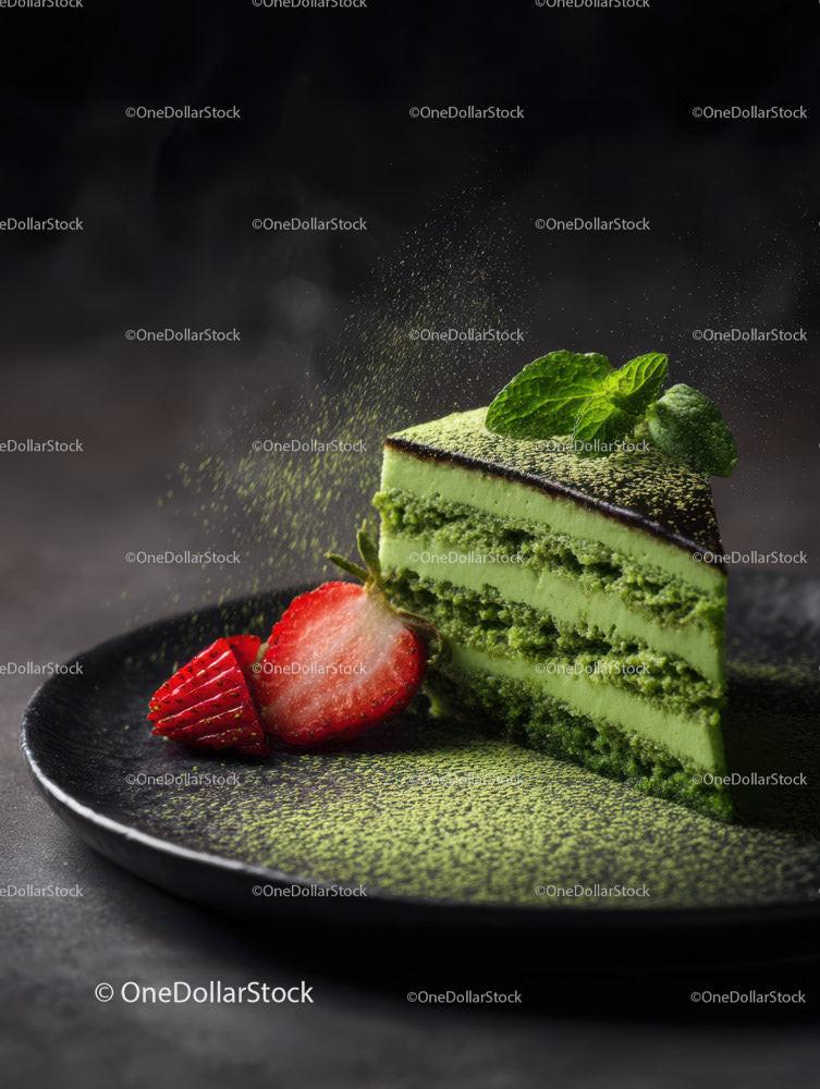 Green Matcha Layered Cake with Strawberry and Mint Garnish