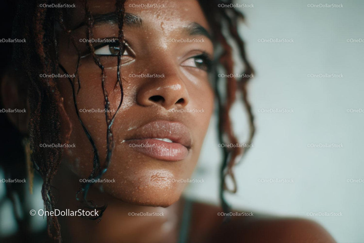 Close-up of Water-Drenched Woman with Natural Beauty and Expressive Eyes