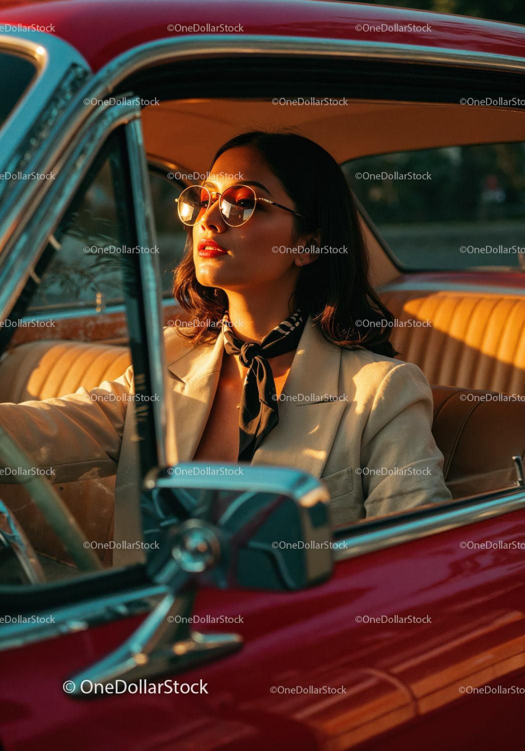 Stylish Woman Wearing Sunglasses in Vintage Car at Sunset Stock Photo Bundle preview 28