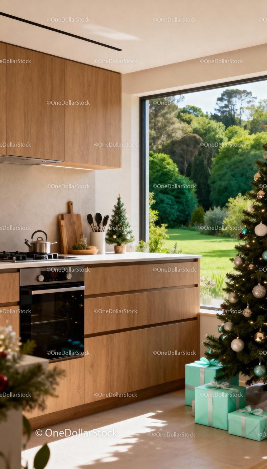 Cozy kitchen with Christmas tree and garden view