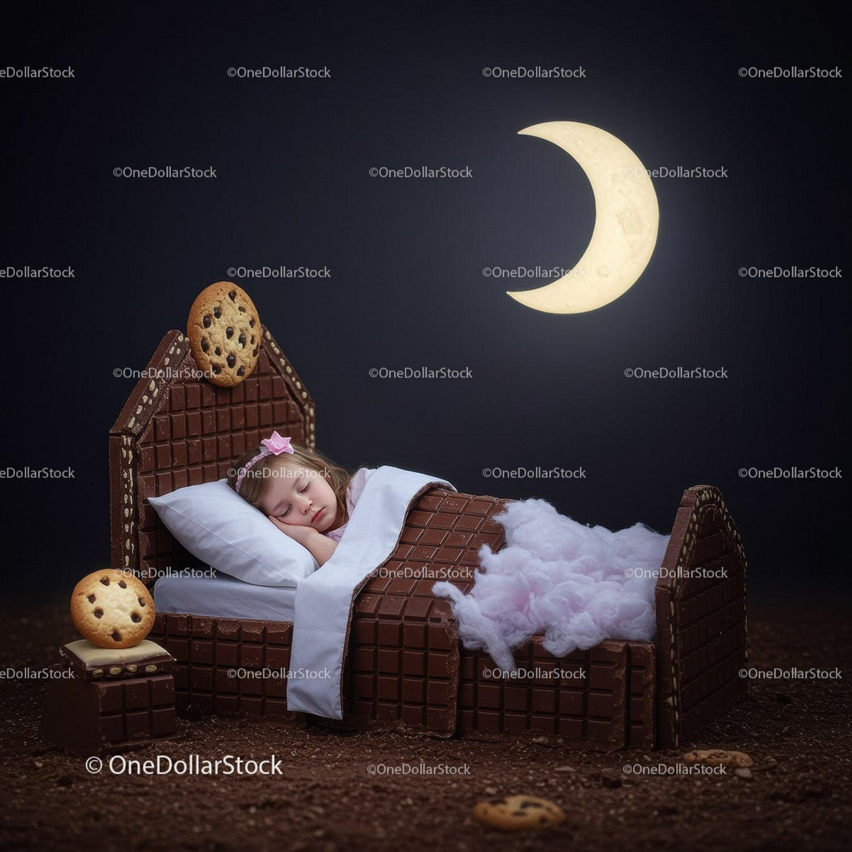 Sleeping girl in chocolate bed under crescent moon