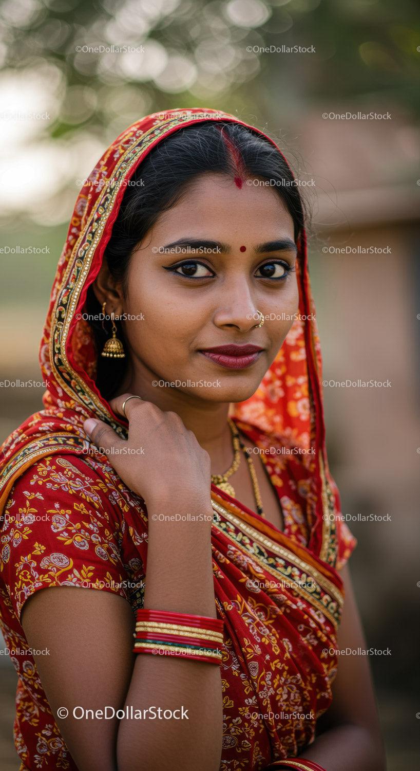 Indian Woman Wearing Red Sari with Gold Embellishments for Celebrations