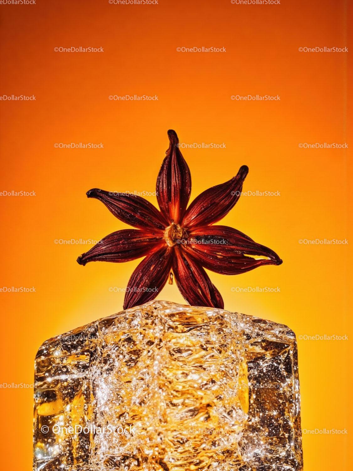 Star anise resting on translucent ice cube with orange background
