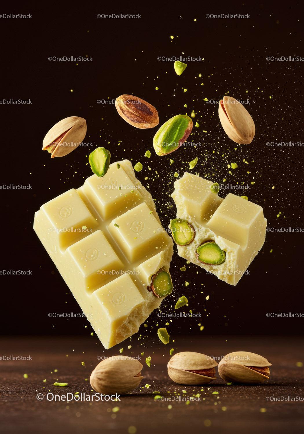White chocolate bar with crunchy pistachio nuts breaking apart