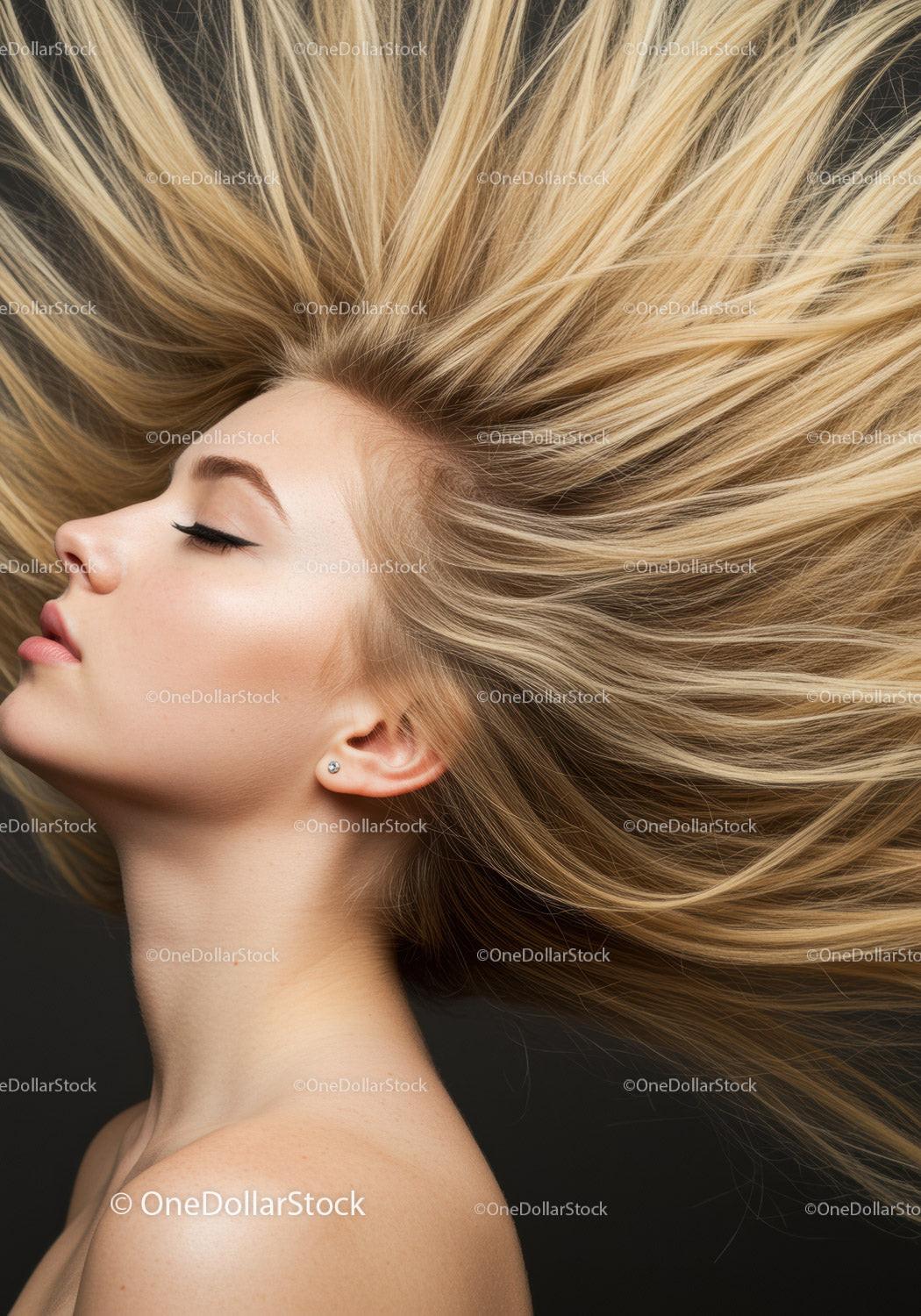 Blonde woman with flowing hair and serene expression