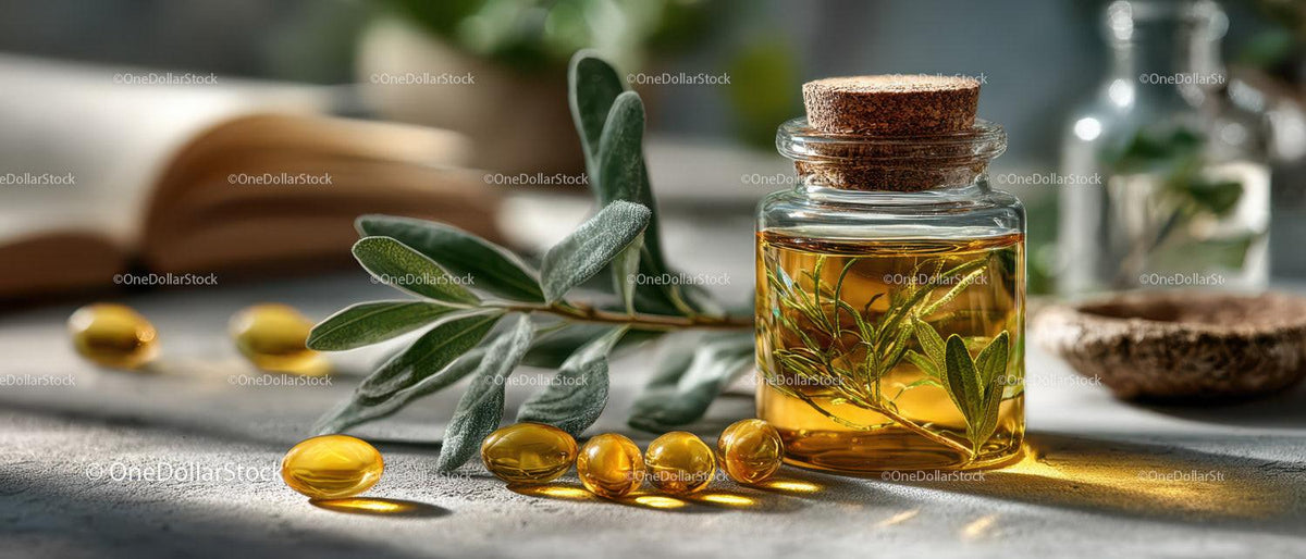 Herbal Essential Oil in Glass Jar with Olive Branch and Capsules