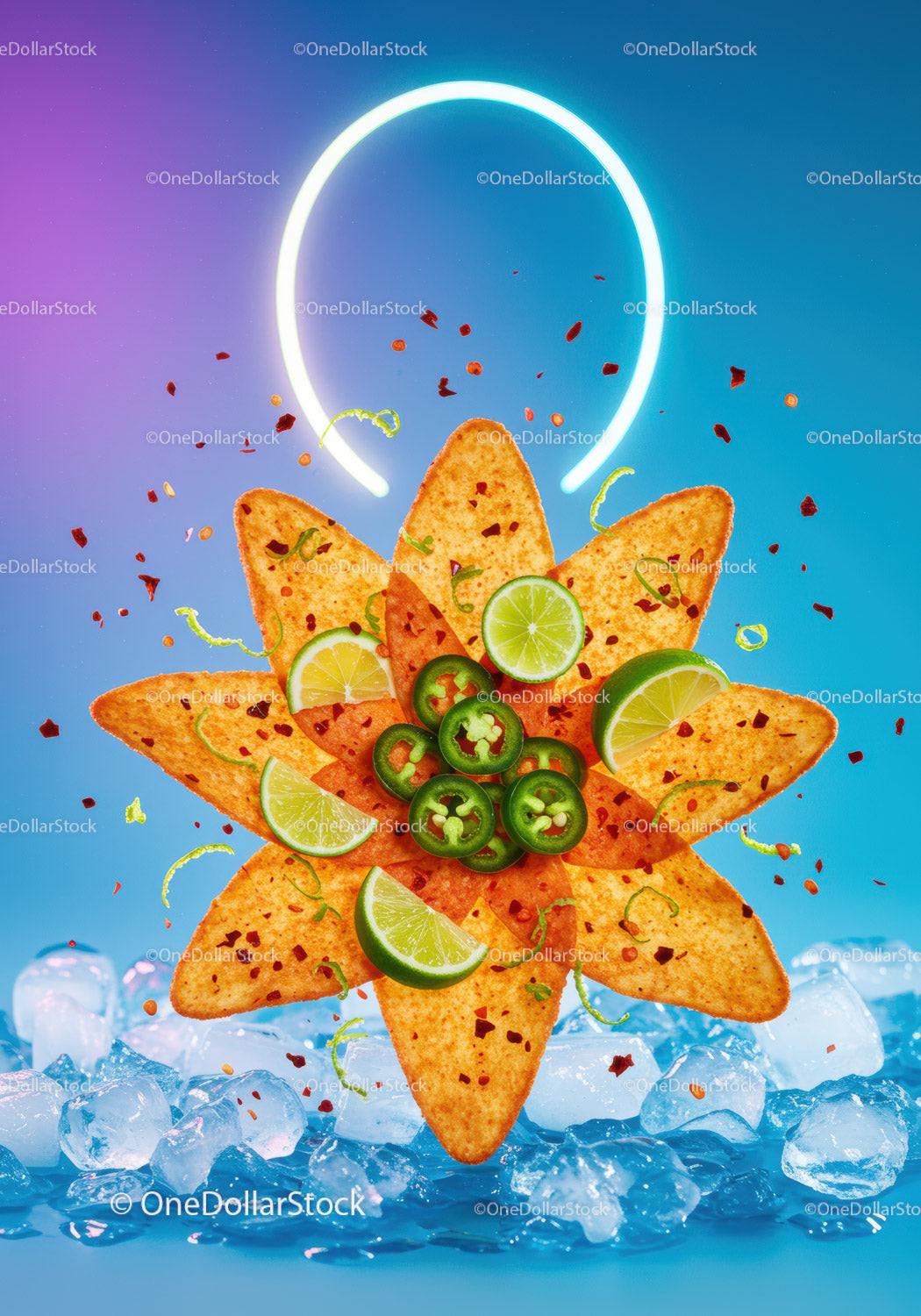 Spicy tortilla chips with lime and jalapeno slices on ice