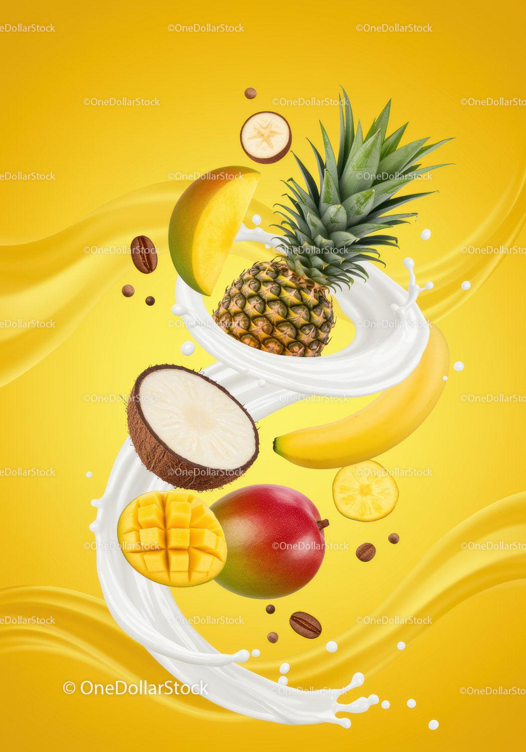 Fresh tropical fruits splashing in creamy liquid swirl