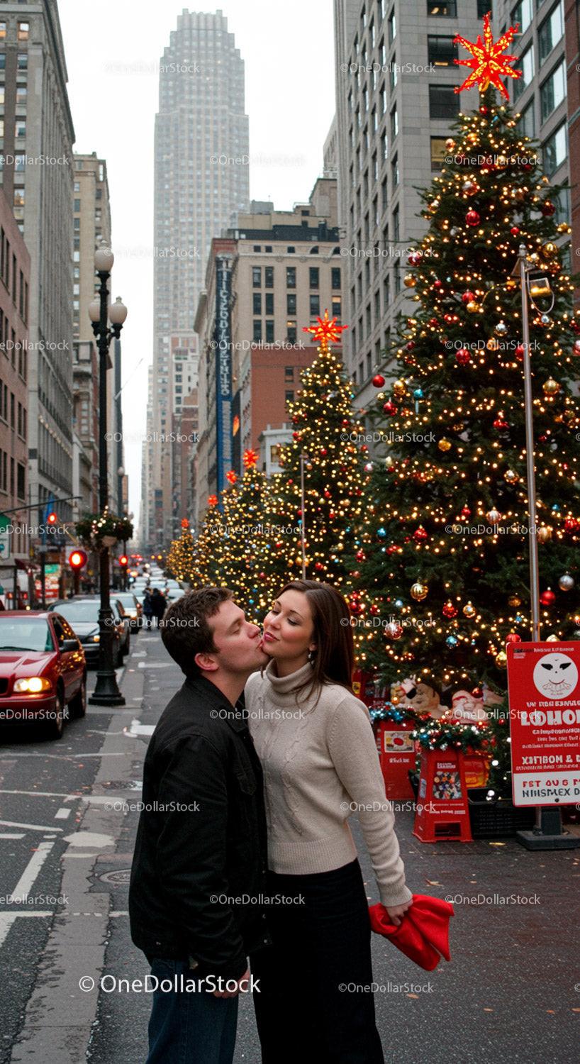 Couple sharing a tender moment on festive city street