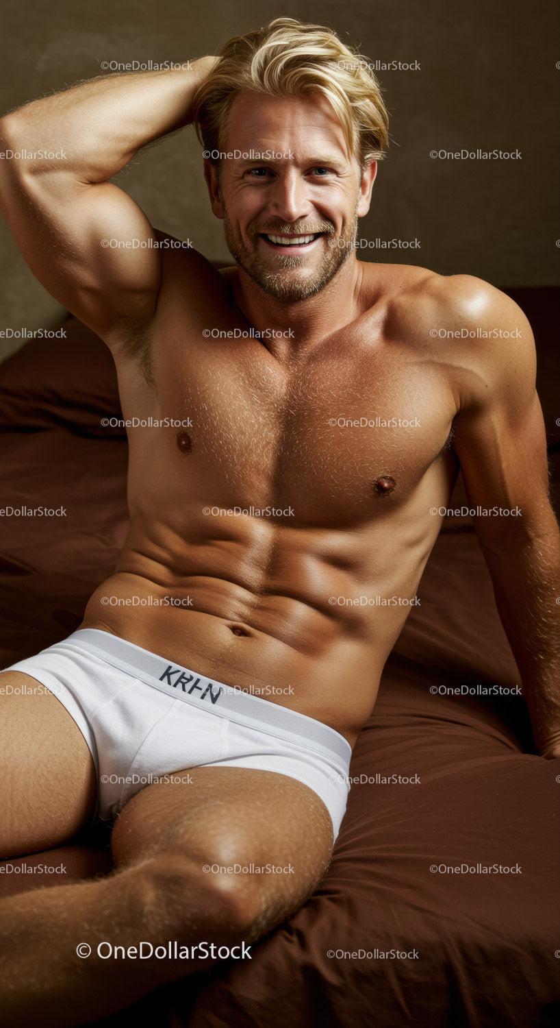 Smiling muscular man relaxing on bed in white underwear