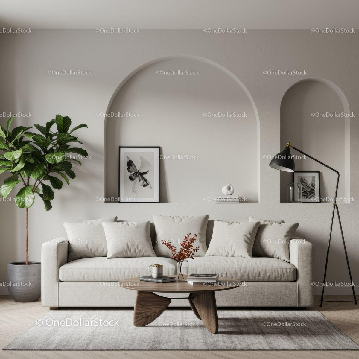 Modern living room with neutral sofa and green plant