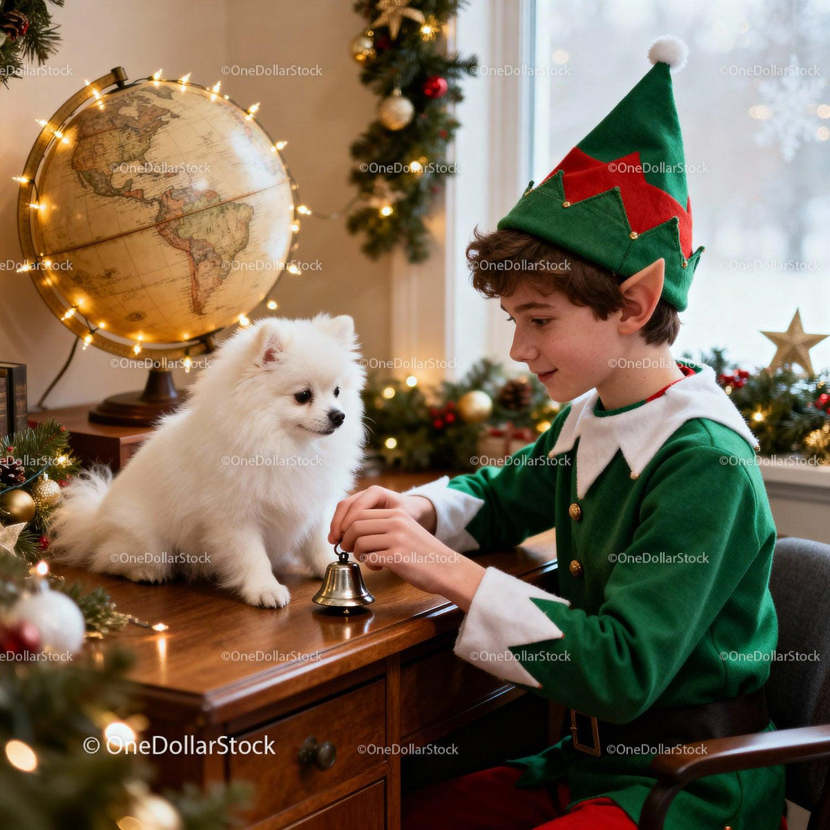 Boy in Elf Costume Playing with White Pomeranian Dog