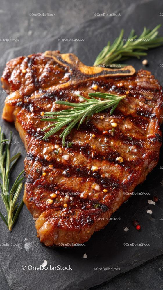 Gourmet Grilled Steak with Rosemary on Black Slate Plate Stock Photo Bundle preview 12