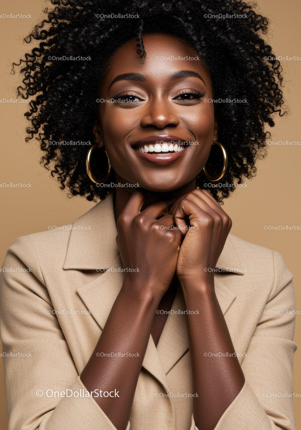 Elegant African Woman with Curly Hair Smiling Portrait for Fashion
