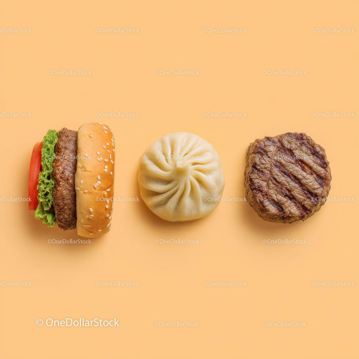 Gourmet Burger with Lettuce and Tomato Next to Grilled Steak and Dumpling Stock Photo Bundle preview 40