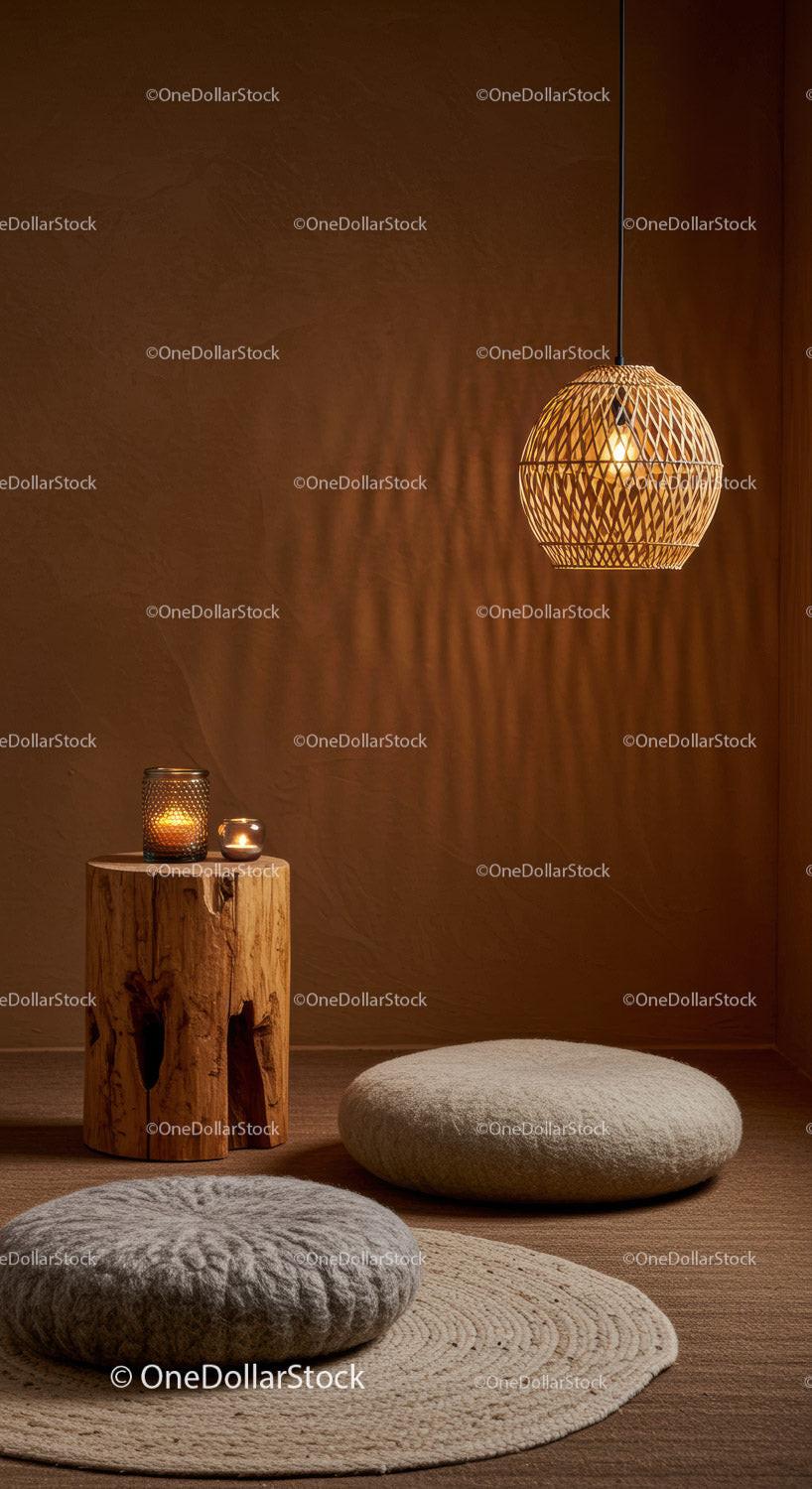 Cozy minimalist meditation corner with warm lighting