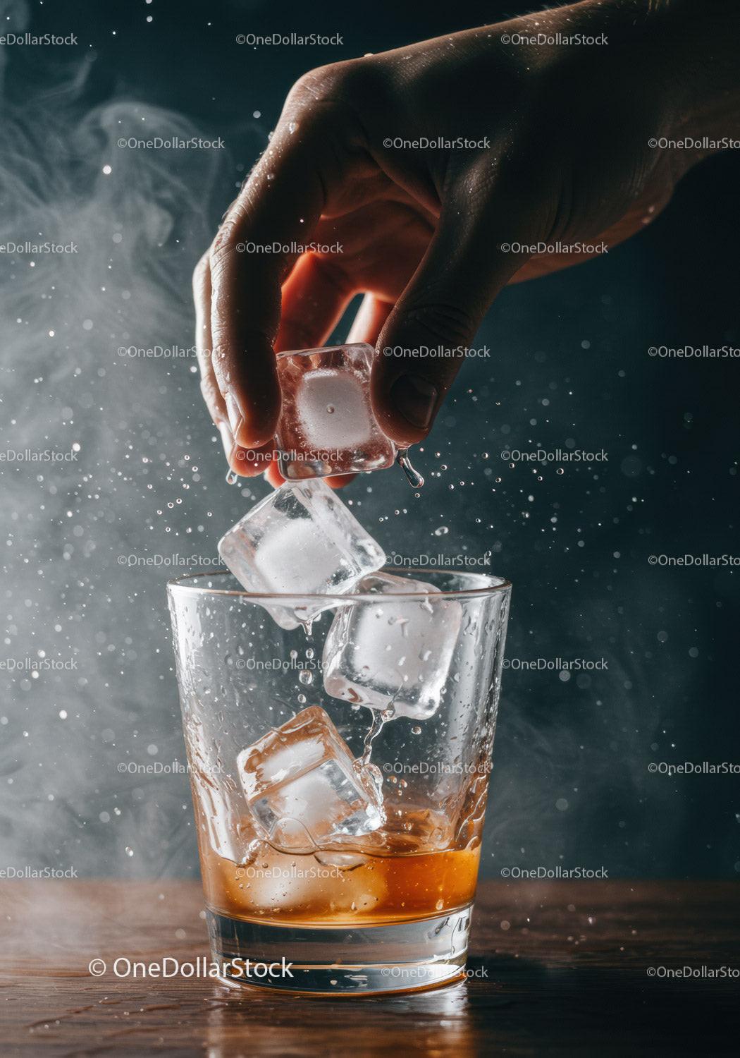 Hand Adding Ice Cubes to Glass of Whiskey on Table