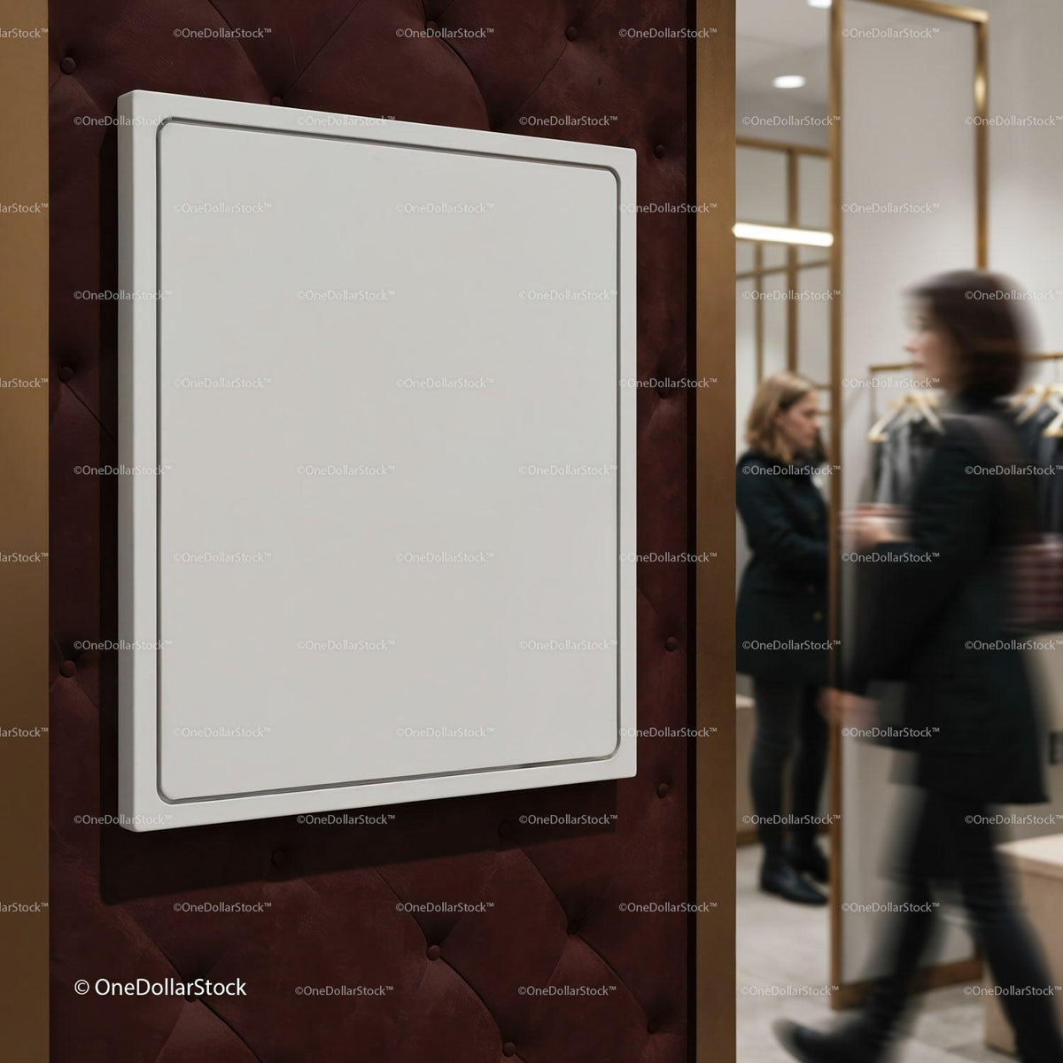 Blank white square frame on padded leather wall in store JPG Mockup Image preview