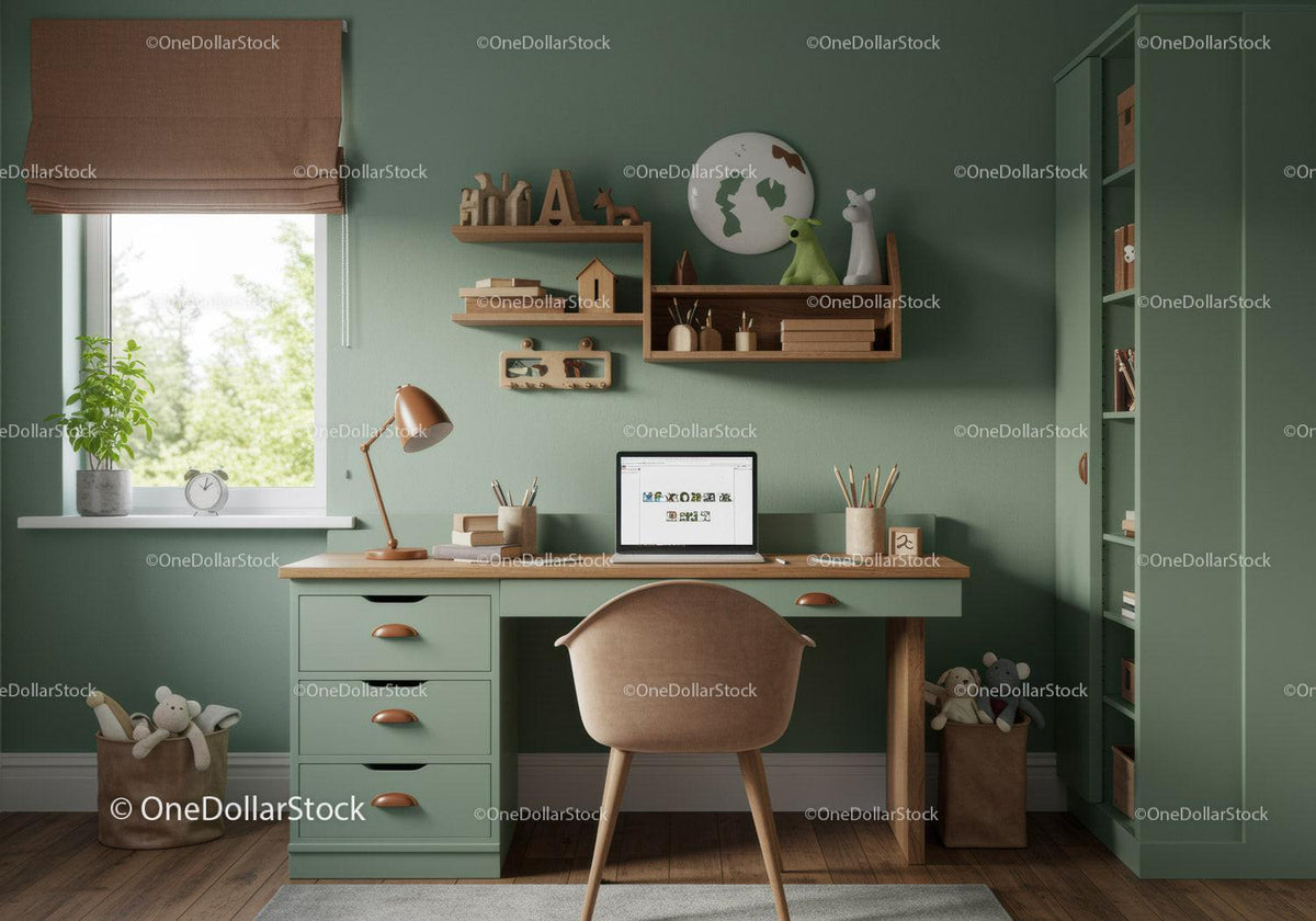 Cozy Green Home Office with Wooden Desk and Shelves