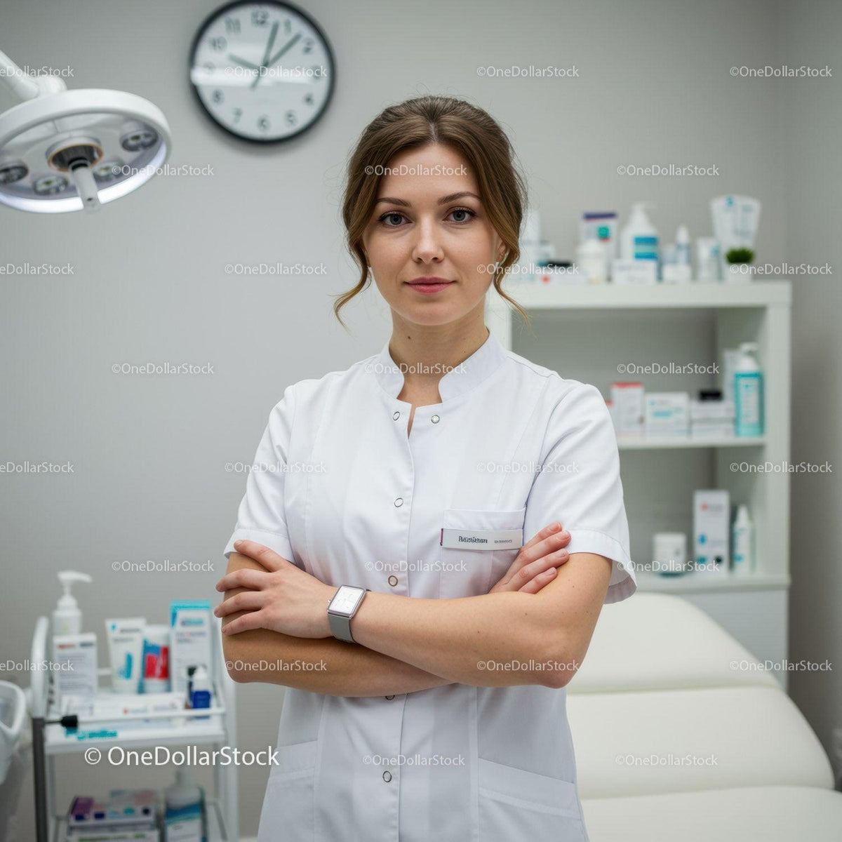 Woman doctor in white coat standing in modern medical clinic