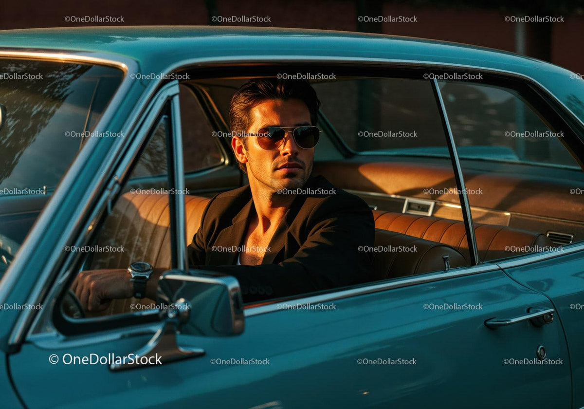 Stylish Man in Sunglasses Sitting in Classic Vintage Car at Sunset Stock Photo Bundle preview 41