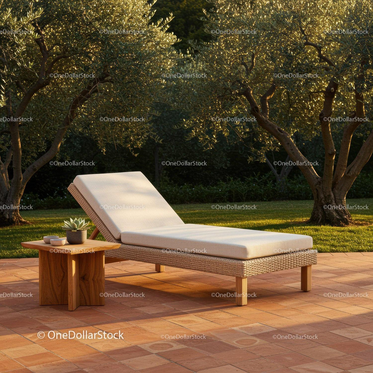 Elegant Modern Lounge Chair in Garden with Sunlight and Green Foliage