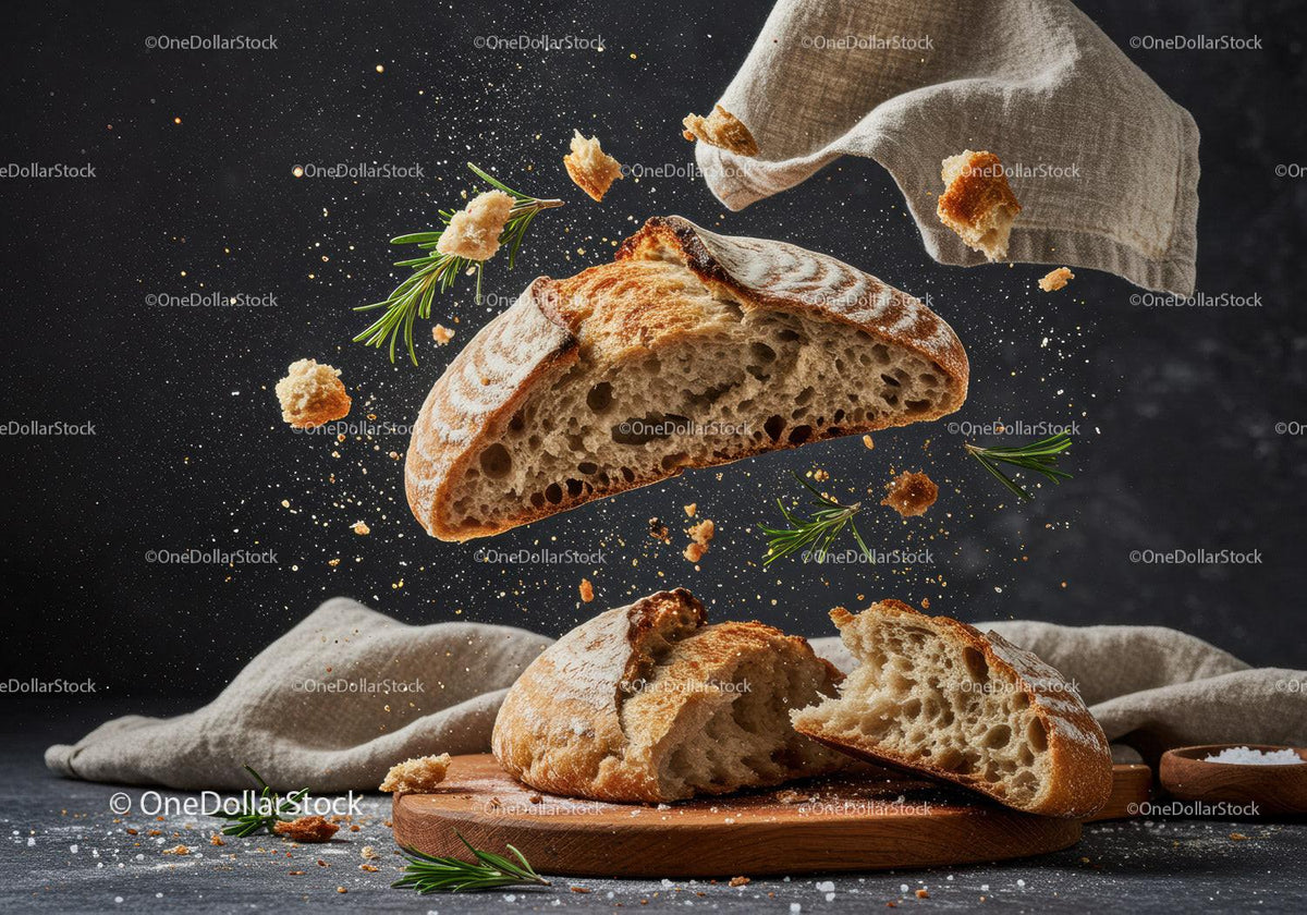 Fresh rustic bread breaking with scattered crumbs and herbs