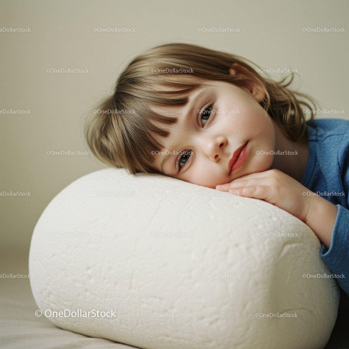 Thoughtful child resting head on soft cushion