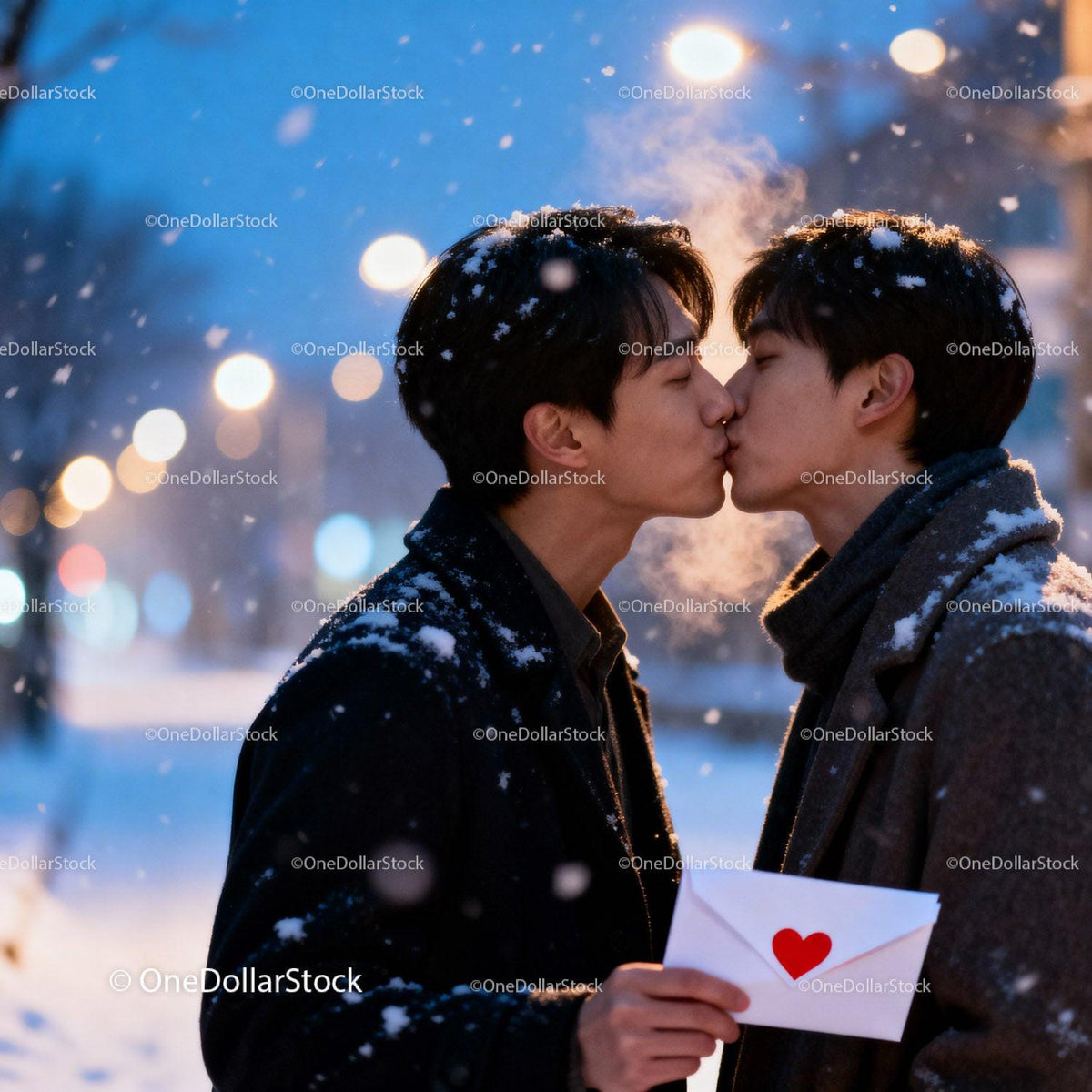 Couple Sharing Tender Kiss Outdoors on Snowy Evening