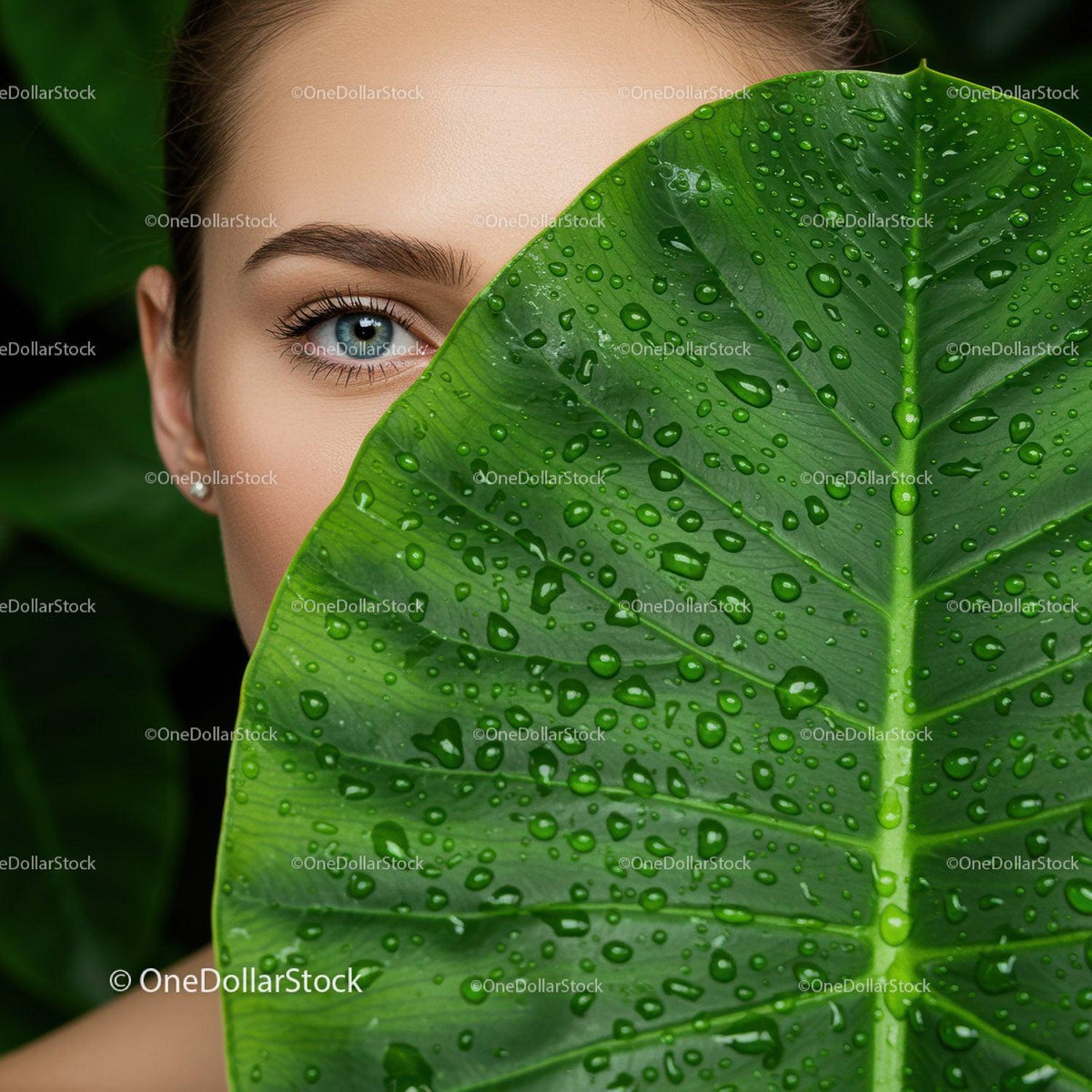 Close-up of a Woman with a Green Leaf in a Tropical Jungle Scene