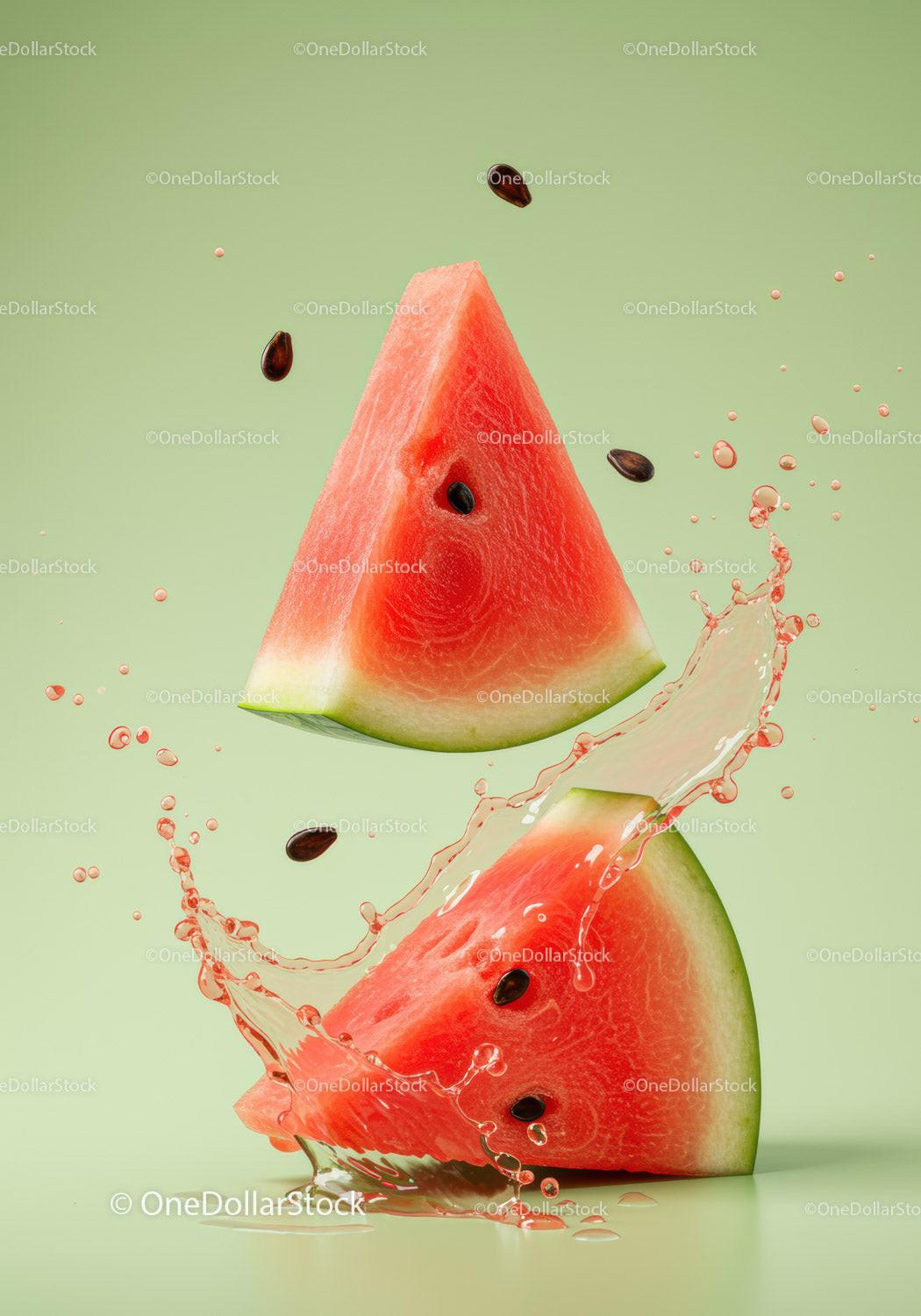 Fresh watermelon slices splashing with juice