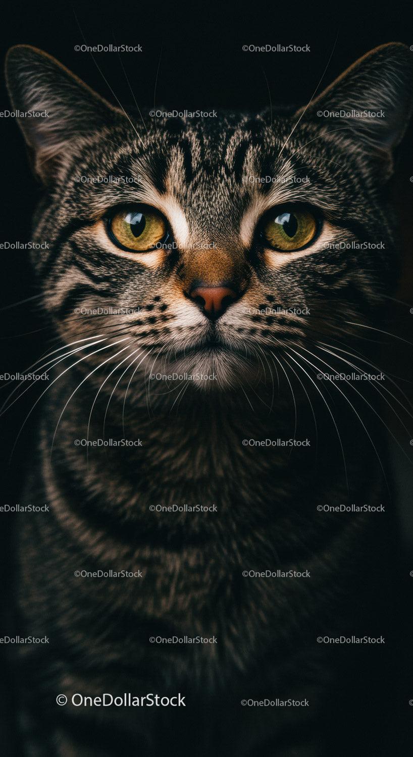 Close up portrait of attentive tabby cat with golden eyes