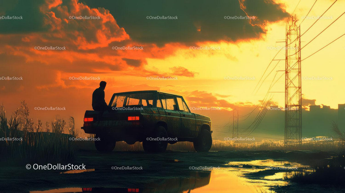 Silhouette of person sitting on vintage car near puddles at sunset with orange sky