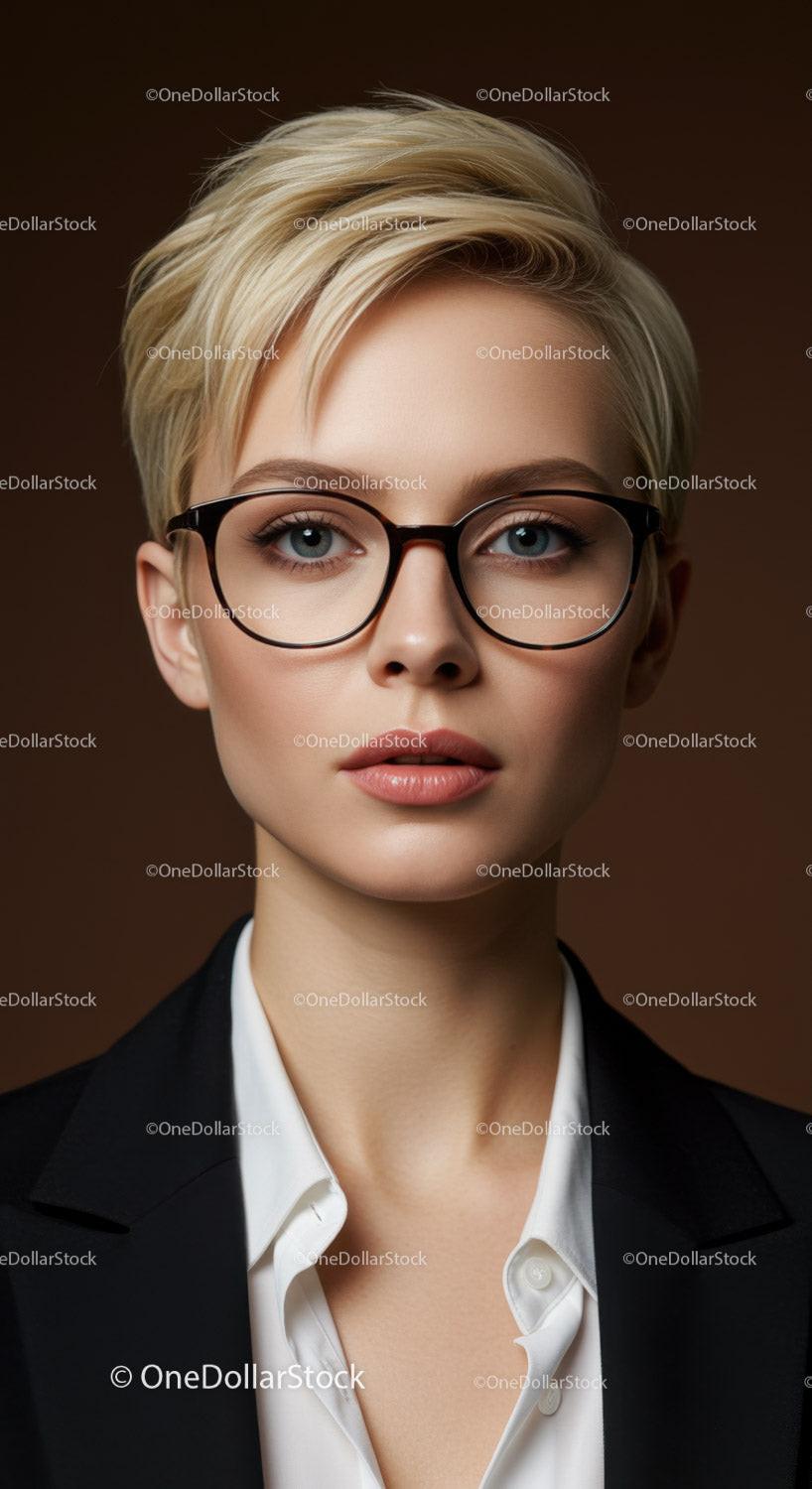 Stylish Businesswoman with Short Blonde Hair and Glasses