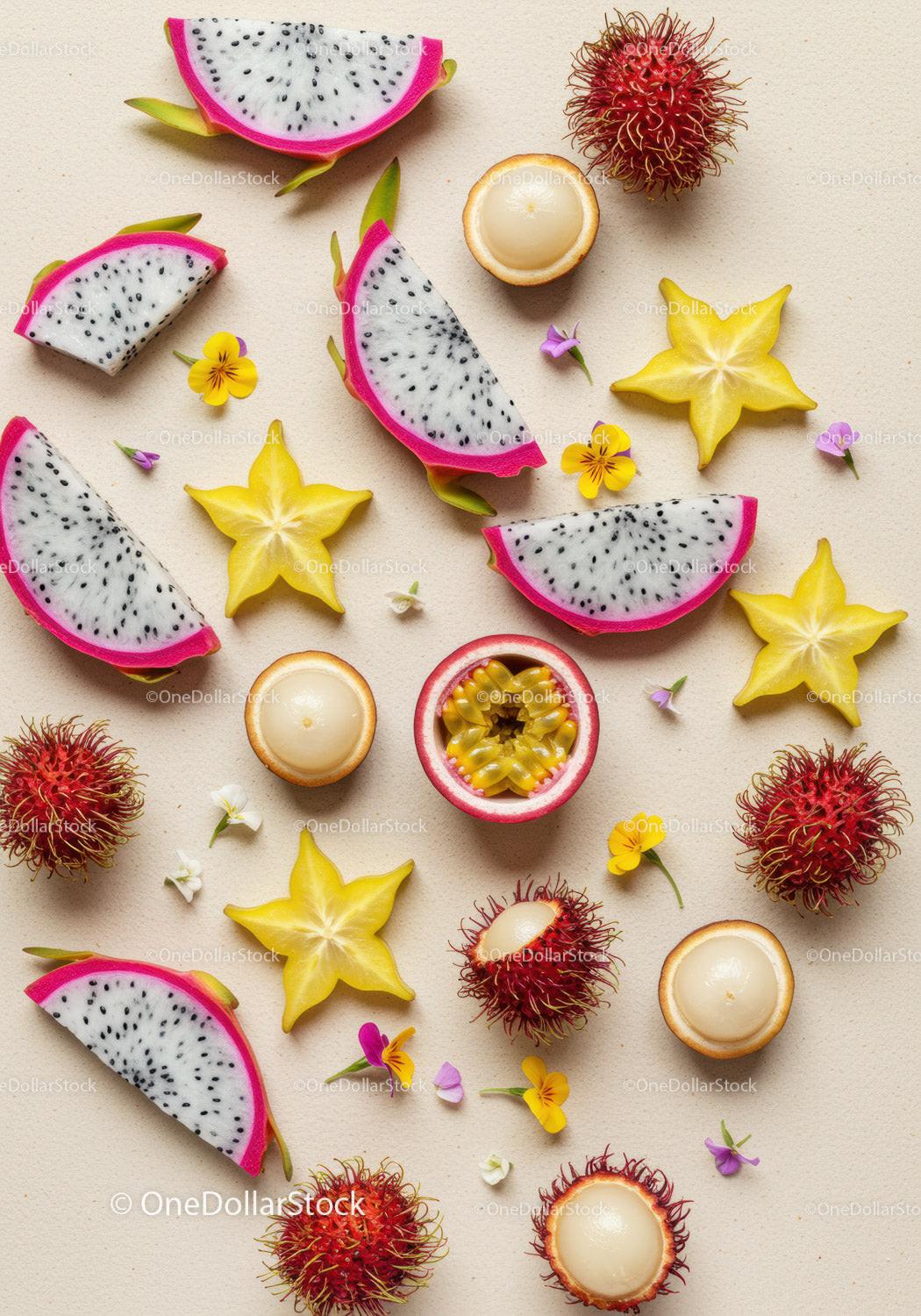 Exotic tropical fruits arranged with delicate flowers
