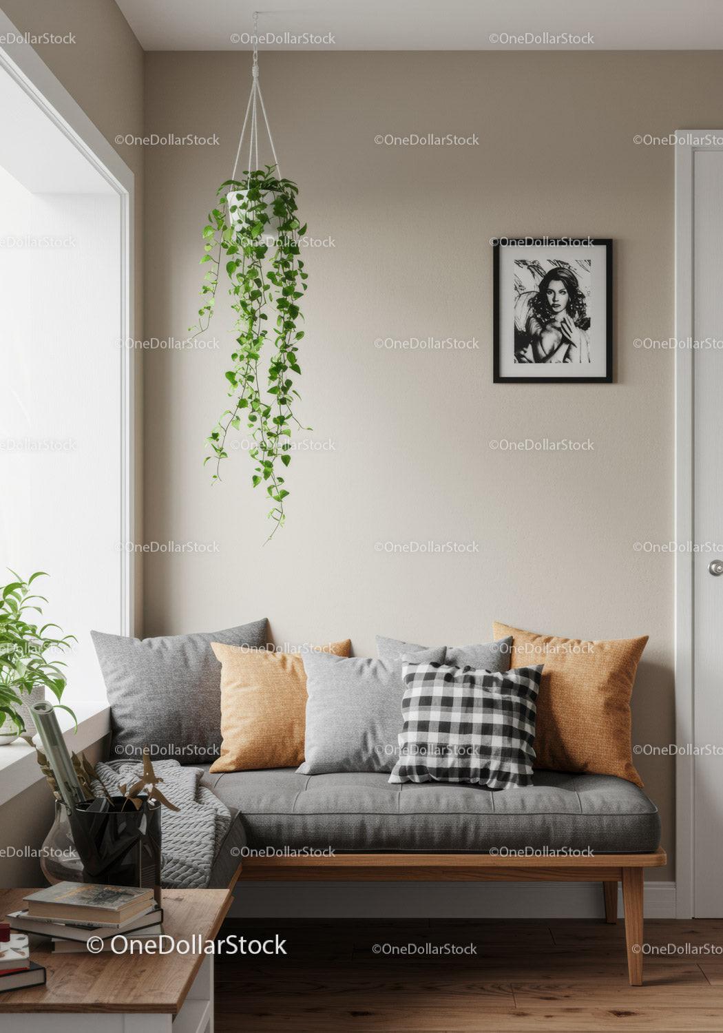 Comfortable Modern Living Room with Cushions and Indoor Plants
