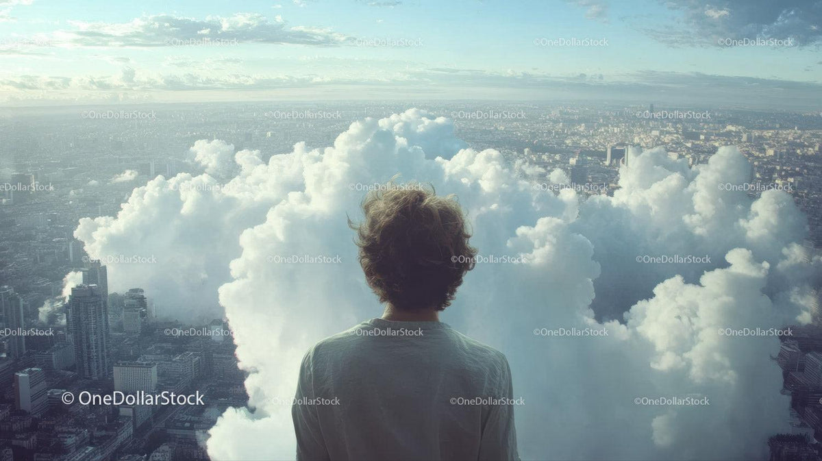 Person with curly hair looking over a city skyline through fluffy clouds