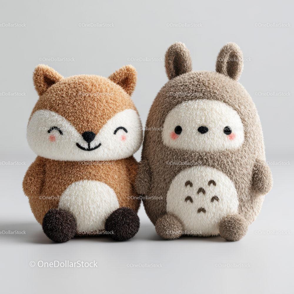 Two plush animal toys, fox and bunny, with soft fuzzy fur sitting side by side