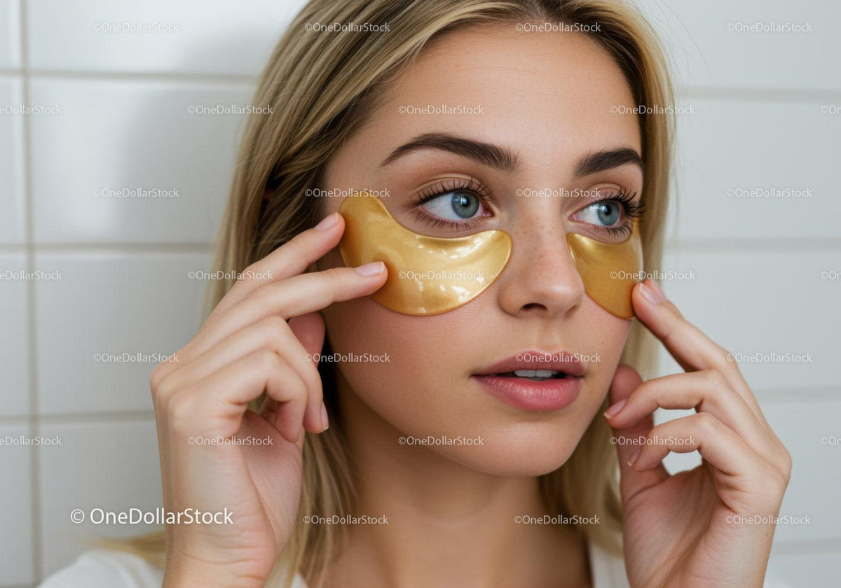 Young Woman Applying Gold Under-Eye Patches for Skin Rejuvenation