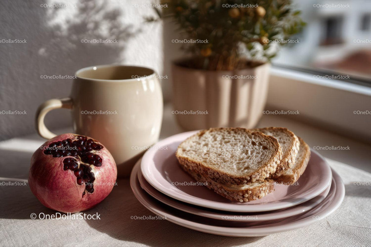 Healthy Breakfast with Pomegranate, Bread and Coffee in Natural Light