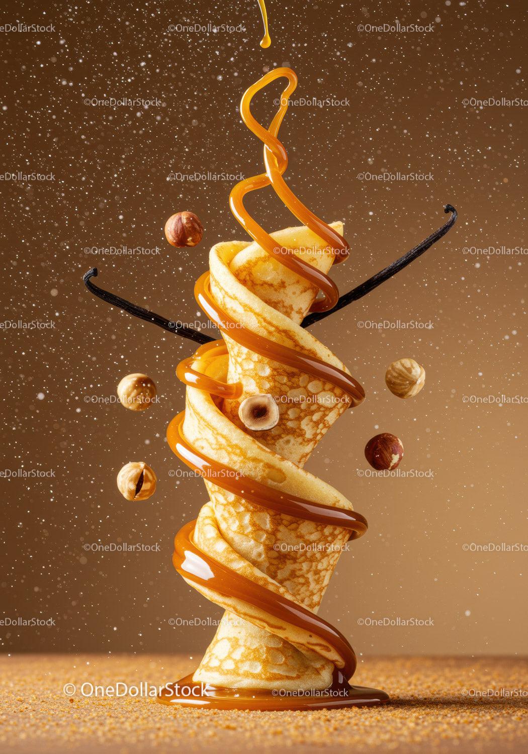 Crepe Wrapped in Caramel Sauce with Hazelnuts and Vanilla
