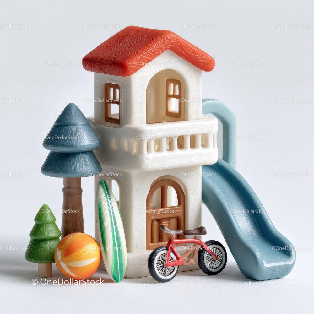 Miniature plastic playhouse with red roof, blue slide, toy bike, ball, surfboard, and trees